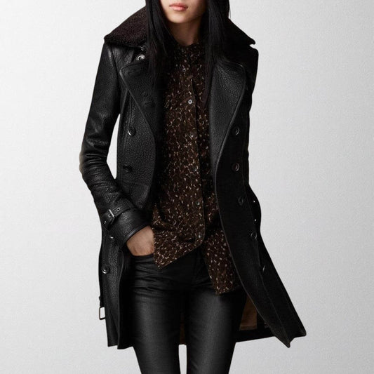 Women's Double-Breasted Long Trench Overcoat for Daily Use Black