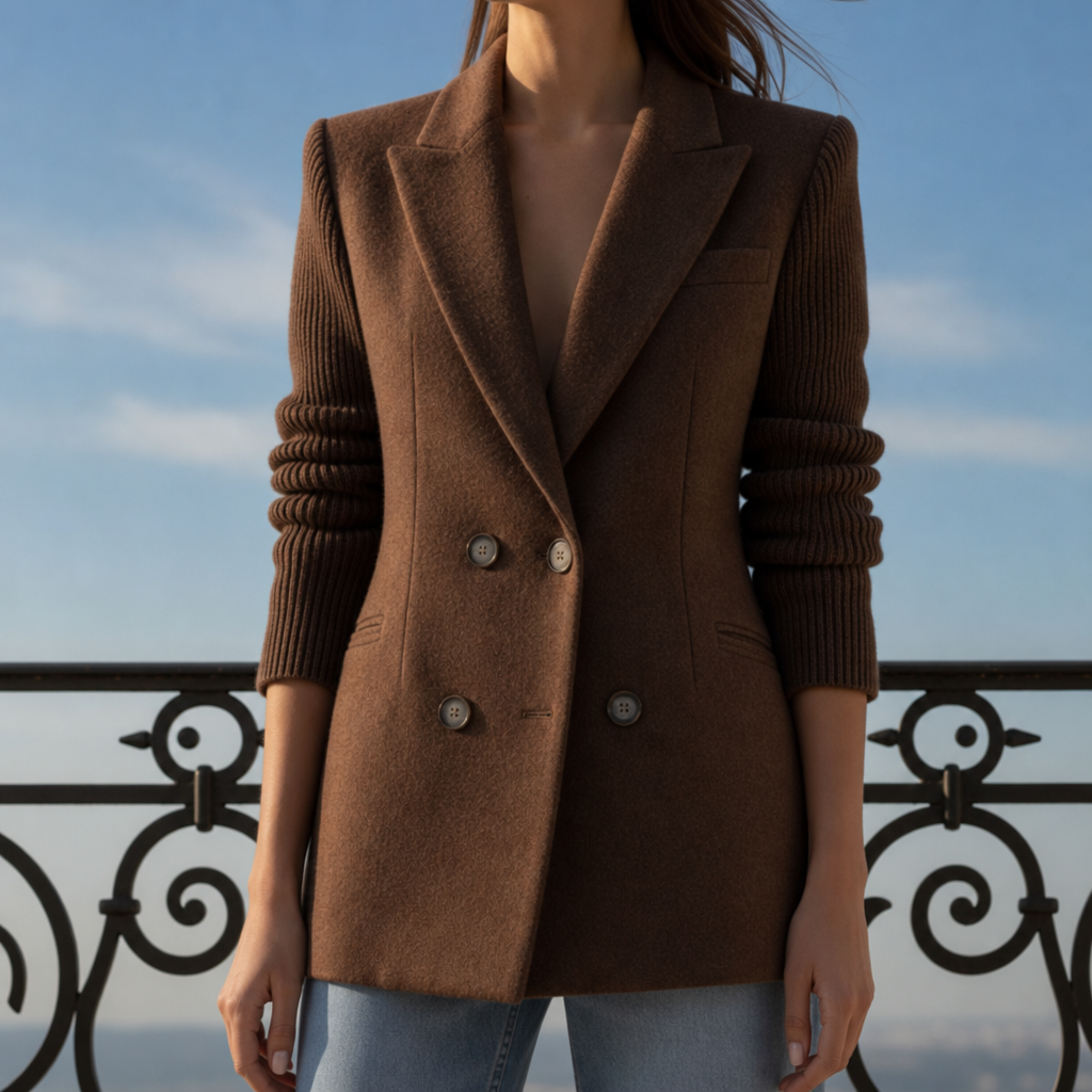 Women's Double-Breasted Contrast Blazer for Everyday Wear Dark Brown