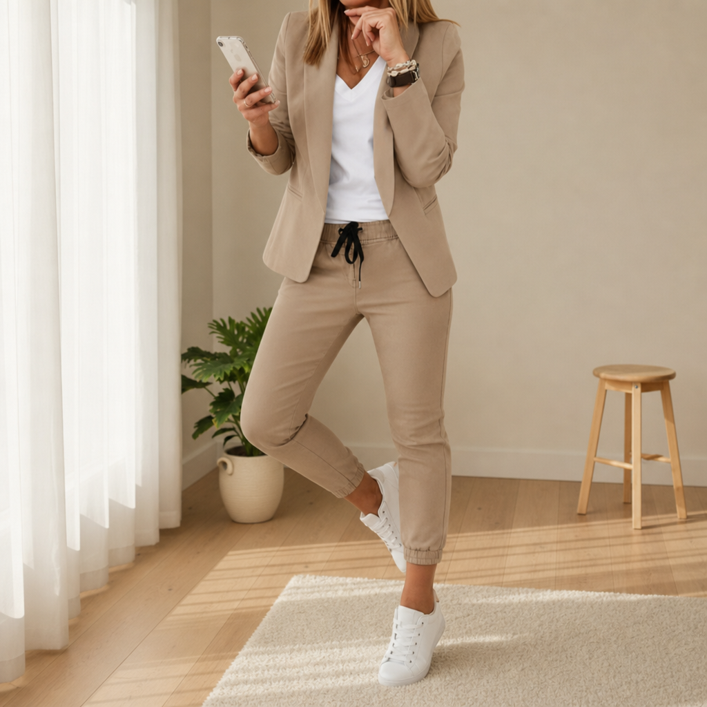 Women's Blazer and Jogger Set for Fall and Winter Everyday Wear Khaki