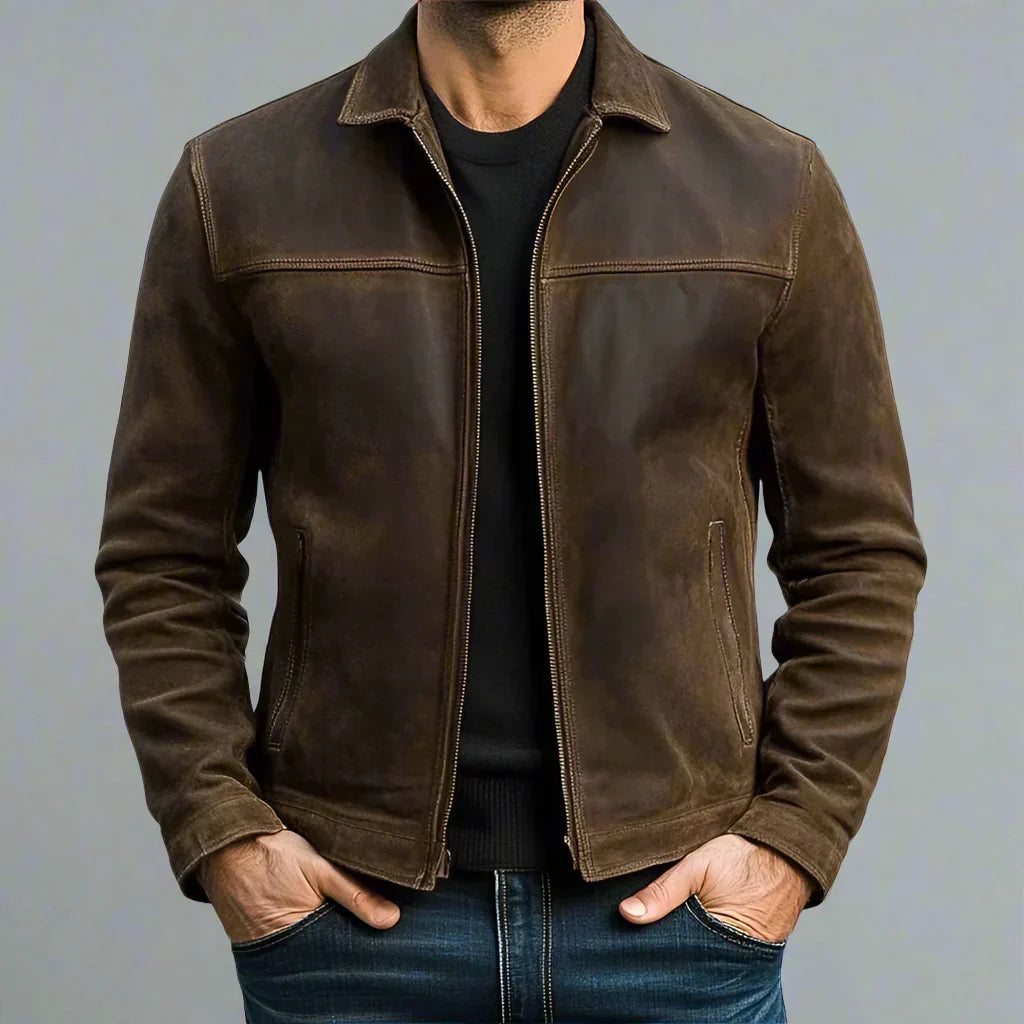 Men's Stylish Classic Leather Jacket with Full zip for Daily Use Brown