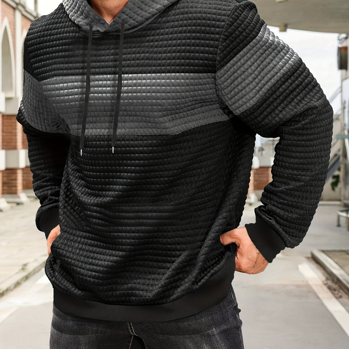 Men's Color-Block Textured Hoodie for Fall and Winter Everyday Wear Dark Gray