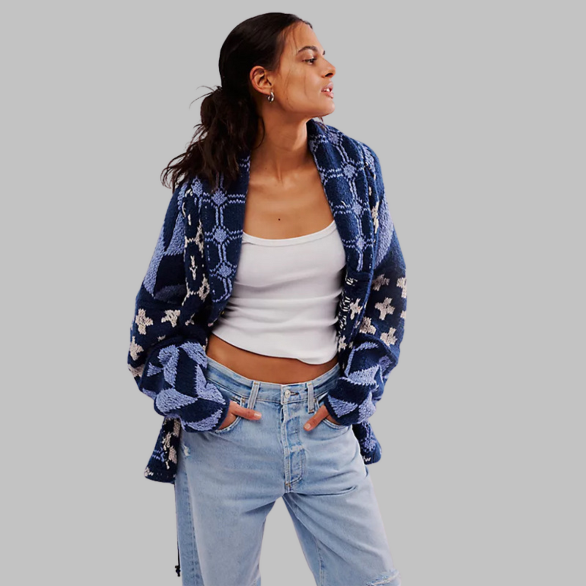Women's Oversized Cardigan with Button-Down Collar and Long Sleeves Blue One Size