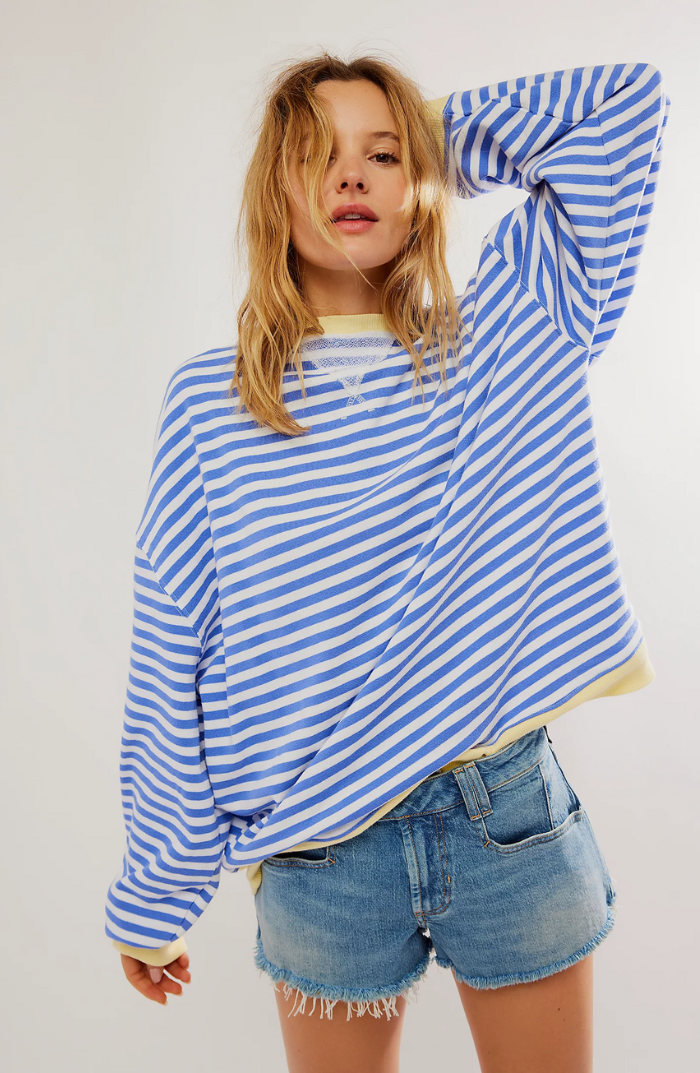 Women's Oversized Pinstripe Sweatshirt with Drop Shoulders Blue