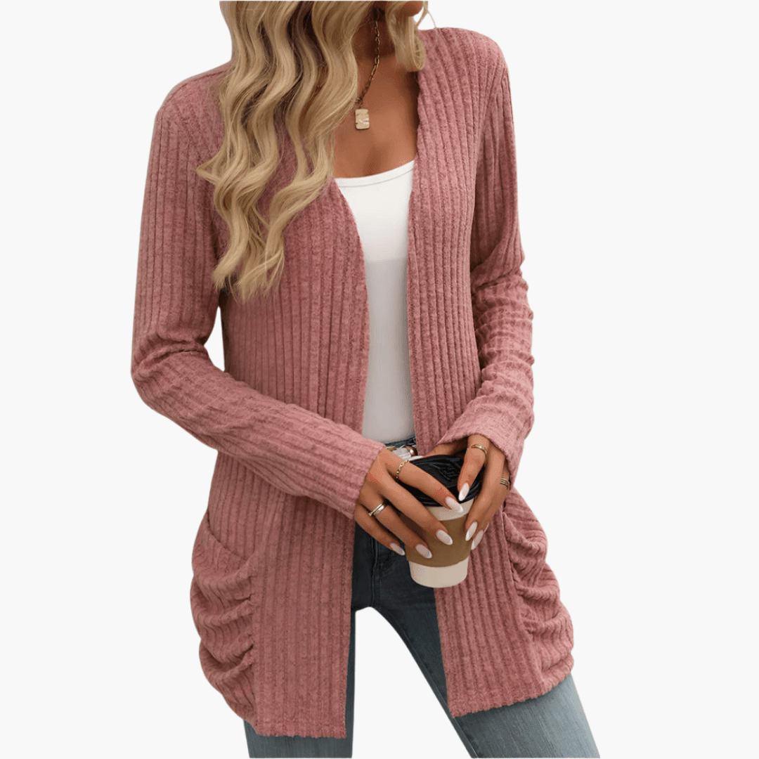 Women's Chunky Knit Cardigan with Long Sleeves and Cable Design Pink
