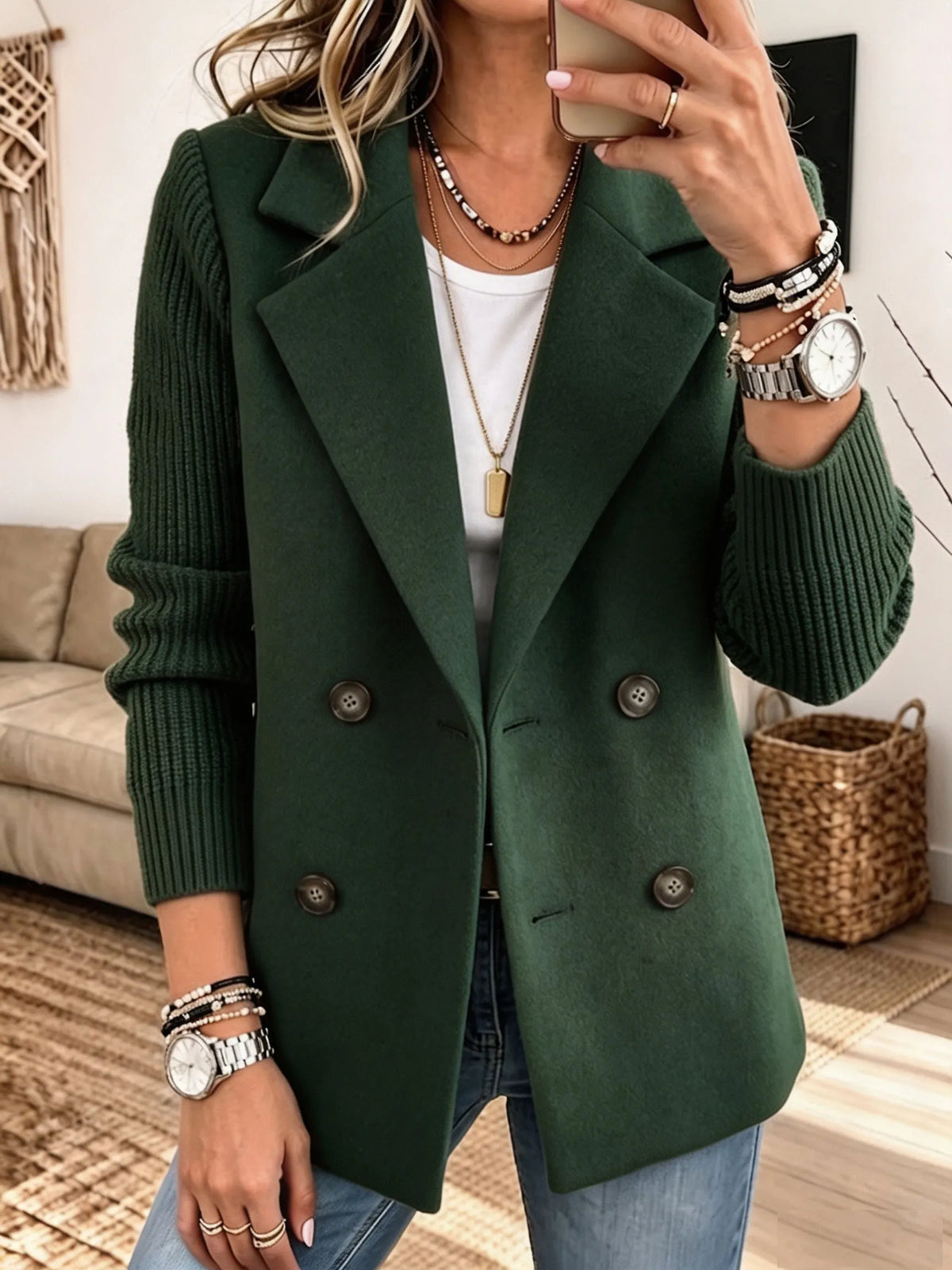 Women's Double-Breasted Blazer with Ribbed Knit Sleeves Green
