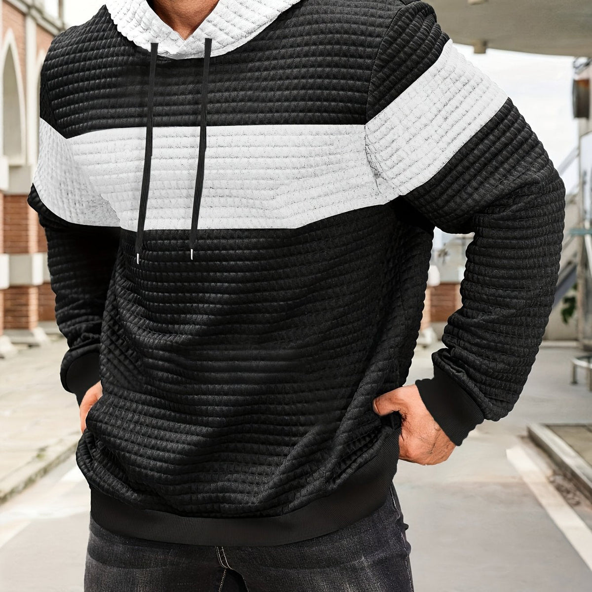 Men's Color-Block Textured Hoodie for Fall and Winter Everyday Wear White