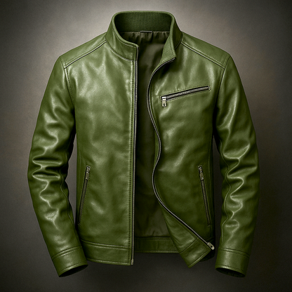 Men's Leather Jacket with Corduroy Trim Collar for Daily Use Pine Green