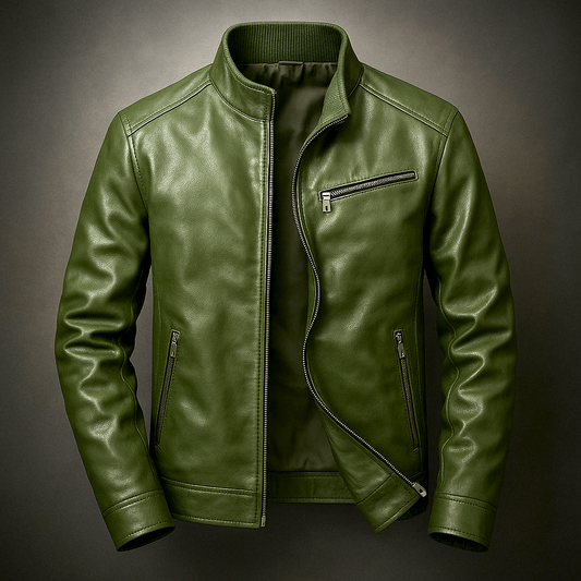 Men's Leather Jacket with Corduroy Trim Collar for Daily Use Pine Green