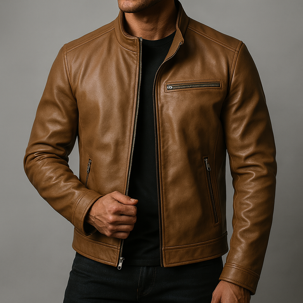 Men's Leather Jacket with Corduroy Trim Collar for Daily Use