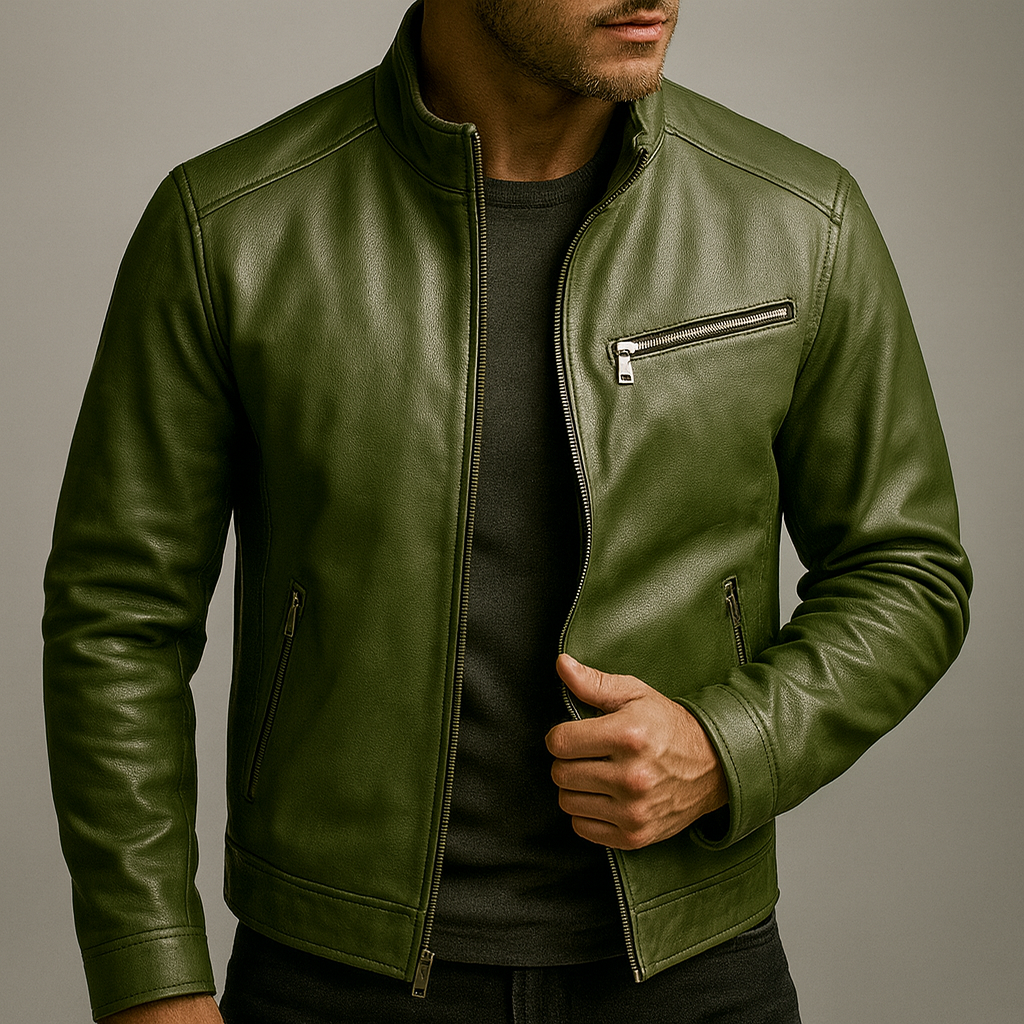 Men's Leather Jacket with Corduroy Trim Collar for Daily Use