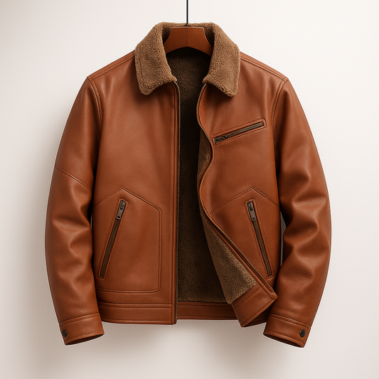 Men's Fleece-Lined Leather Jacket for Fall and Winter Everyday Wear Chestnut
