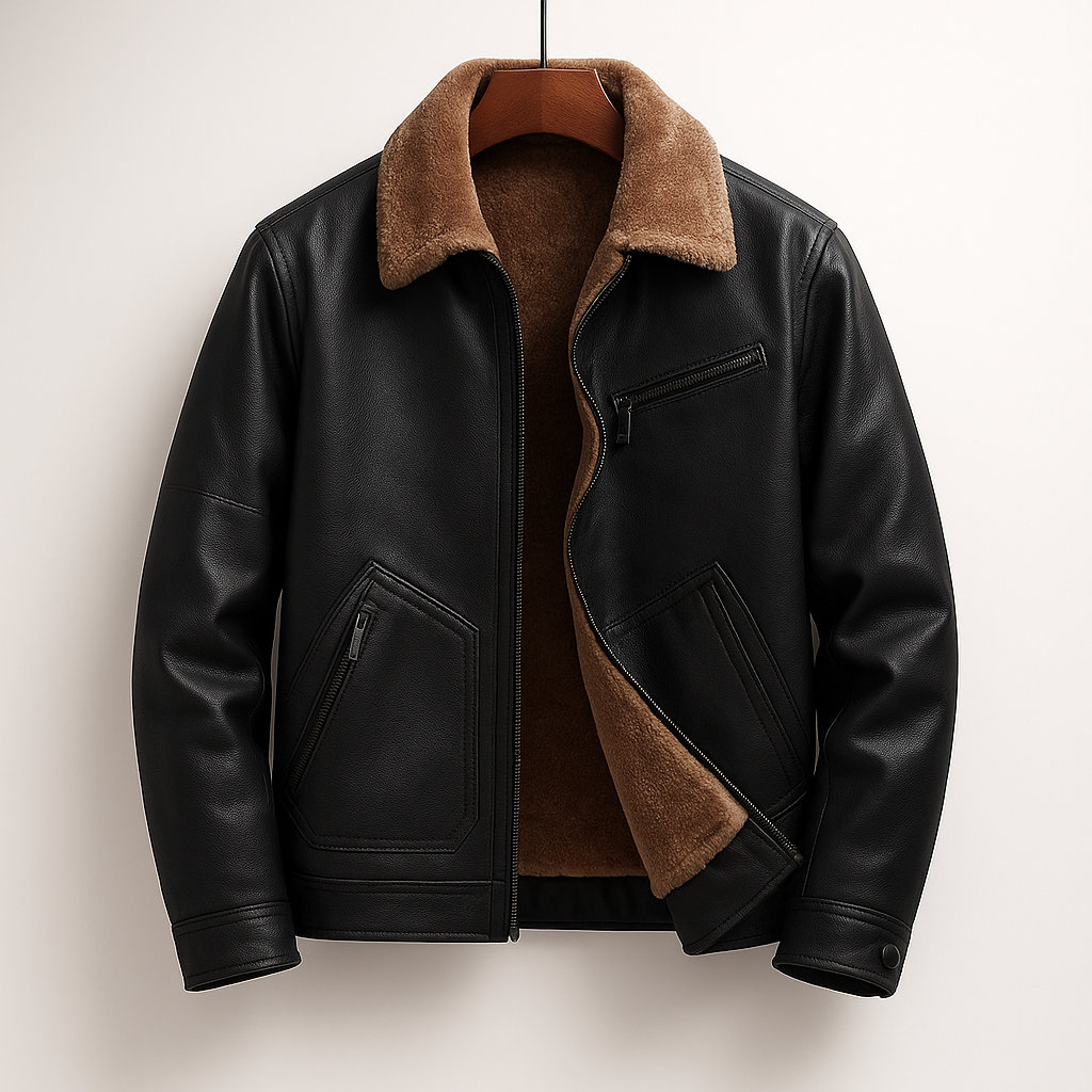 Men's Fleece-Lined Leather Jacket for Fall and Winter Everyday Wear Black
