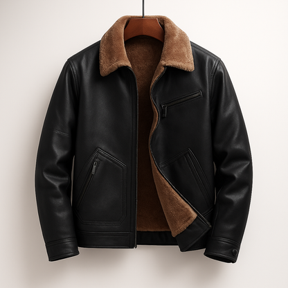 Men's Fleece-Lined Leather Jacket for Fall and Winter Everyday Wear Black