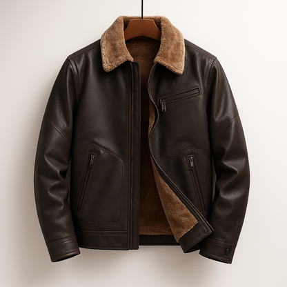 Men's Fleece-Lined Leather Jacket for Fall and Winter Everyday Wear Brown