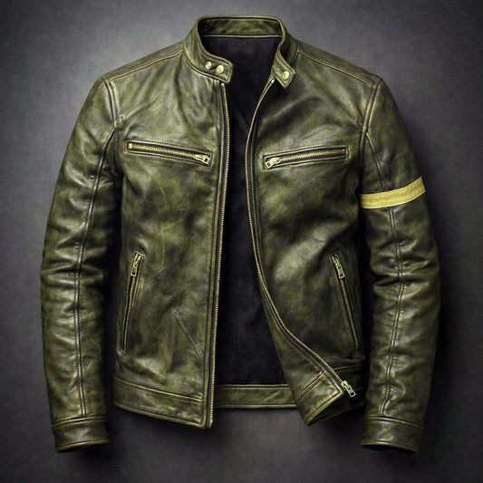 Men's Leather Jacket with 4 Pockets and Zip Closure for Daily Use Pine Green