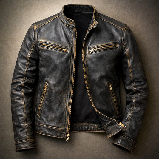 Men's Leather Jacket with 4 Pockets and Zip Closure for Daily Use Dust Black