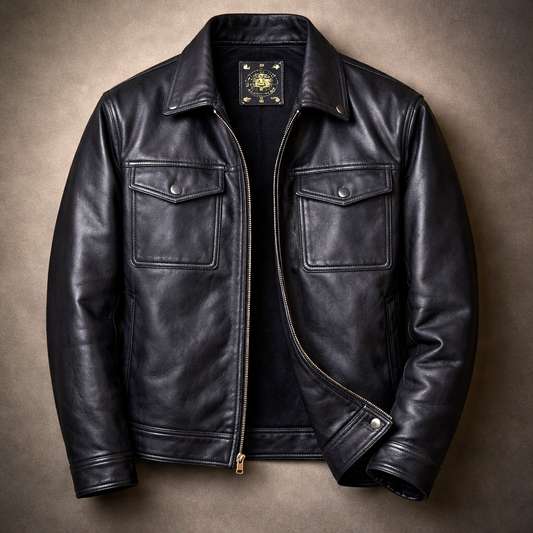 Men's Stylish Leather Jacket with Zip-Up Closure for Daily Use Satin Black
