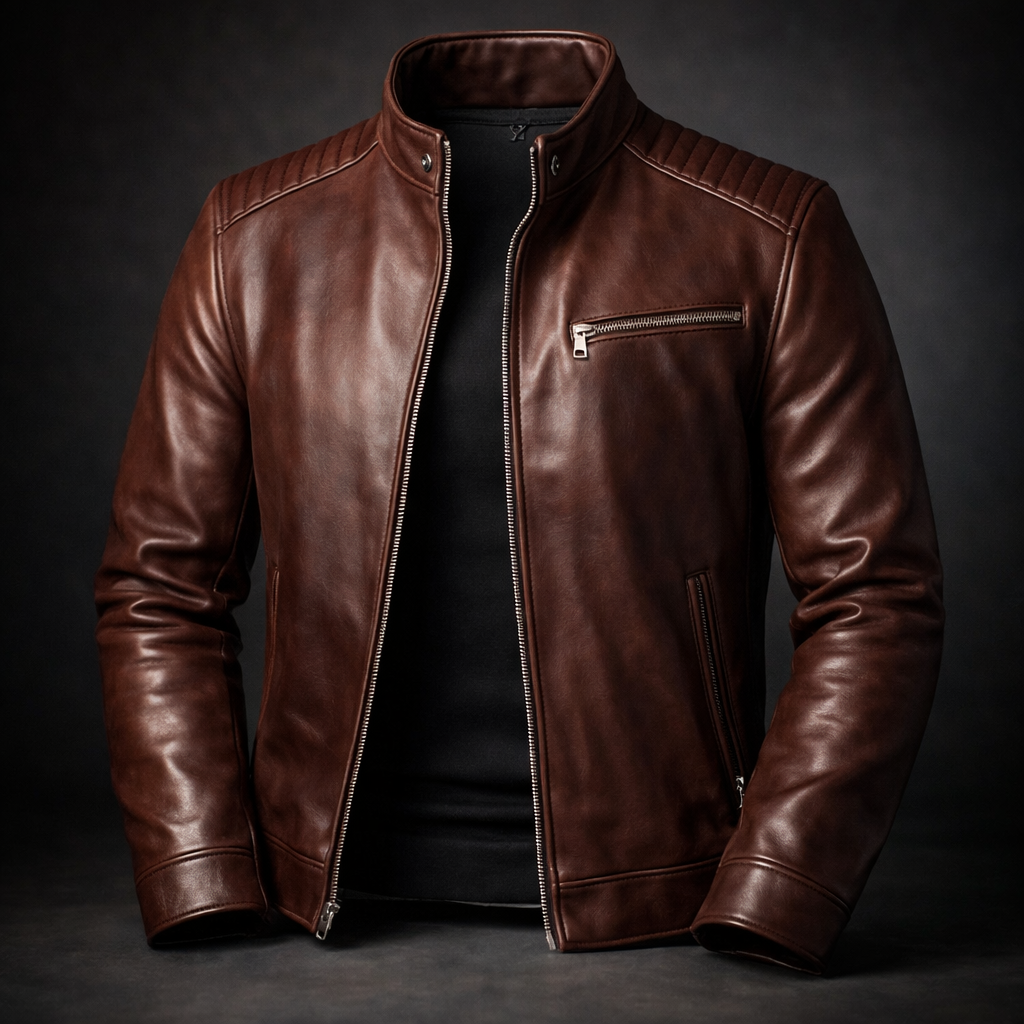 Men's Stylish Classic Leather Jacket with Zip front for Daily Use