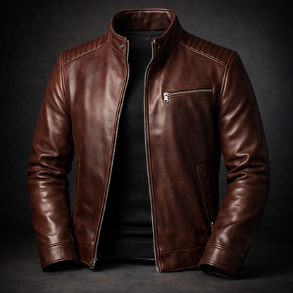 Men's Stylish Classic Leather Jacket with Zip front for Daily Use