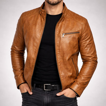 Men's Stylish Classic Leather Jacket with Zip front for Daily Use Brown