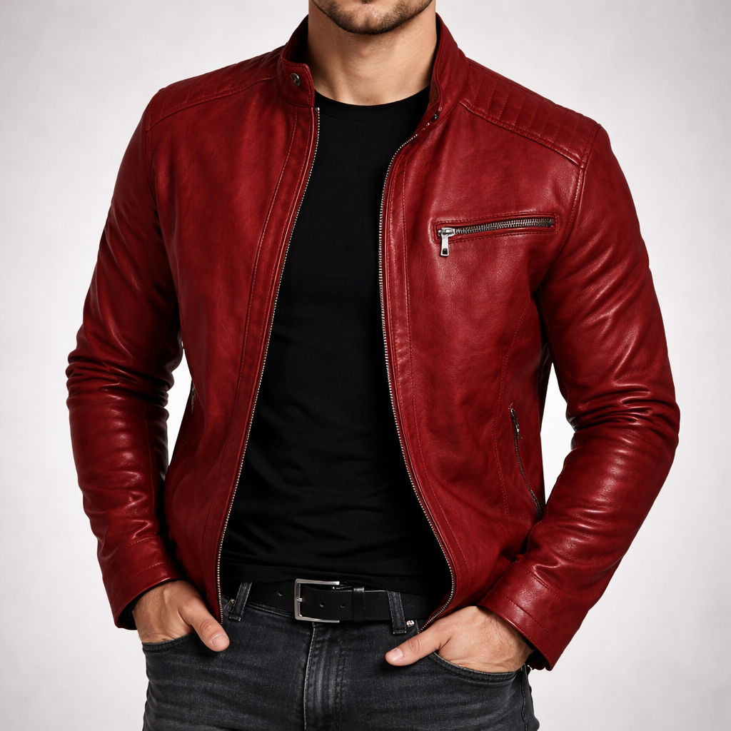Men's Stylish Classic Leather Jacket with Zip front for Daily Use Red