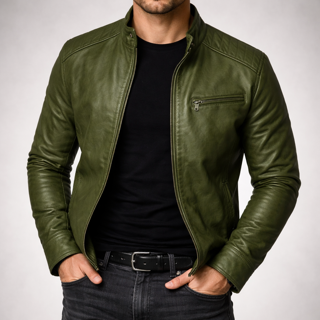 Men's Stylish Classic Leather Jacket with Zip front for Daily Use Green