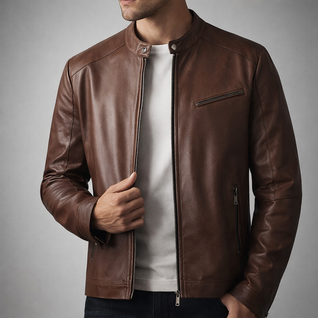 Men's Timeless Leather Biker Jacket for Fall and Winter Everyday Wear Brown