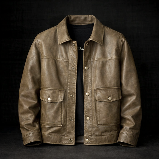 Men's Snap-Front Genuine Leather Jacket with Flap Pockets Mudslide Brown