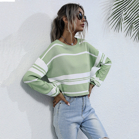 Women's Oversized Striped Sweatshirt with Loose-Fitting Sleeves Light Green