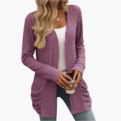 Women's Chunky Knit Cardigan with Long Sleeves and Cable Design Purple