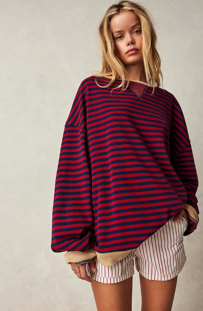 Women's Oversized Pinstripe Sweatshirt with Drop Shoulders Red