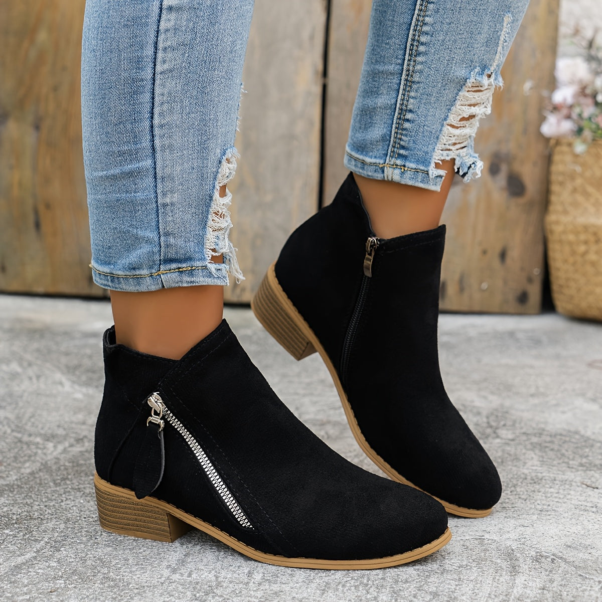 Women's Effortless Zip Ankle Boots with Low Block Heel for Daily Use Black