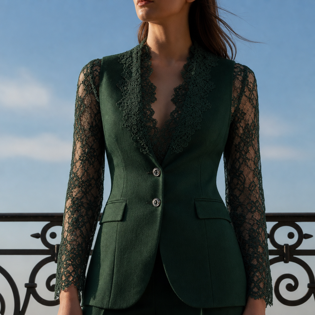 Women's Lace Panel Blazer Top for Fall and Winter Everyday Wear Moss Green