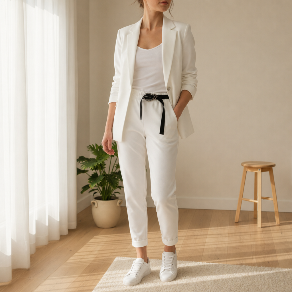 Women's Blazer and Jogger Co-ord Set for Fall and Winter Everyday Wear White