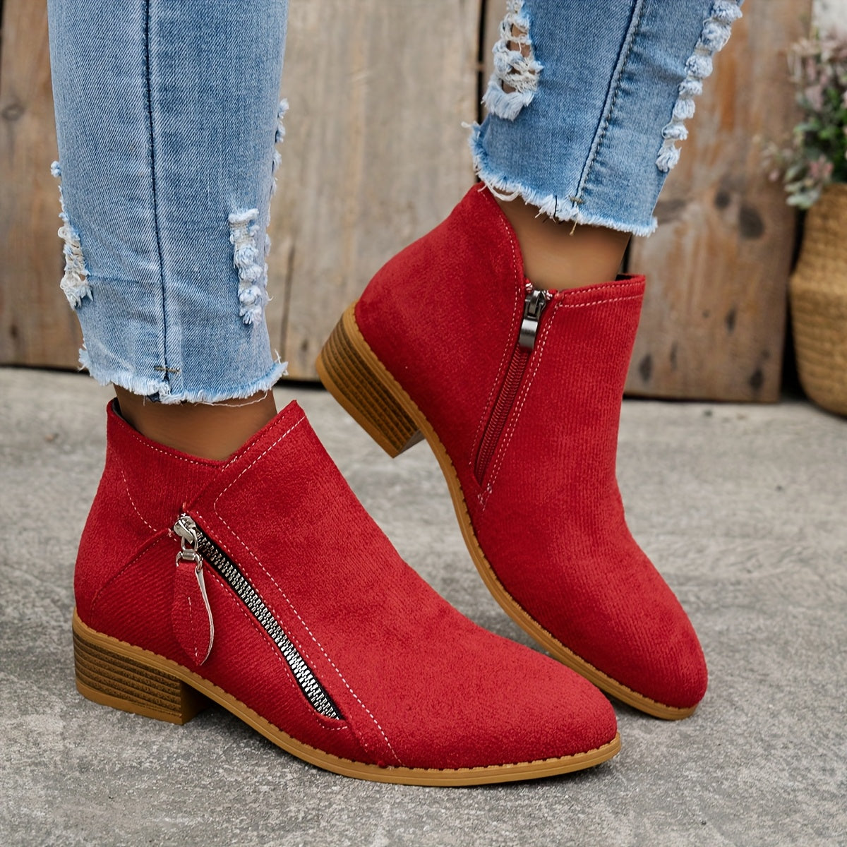 Women's Effortless Zip Ankle Boots with Low Block Heel for Daily Use Red
