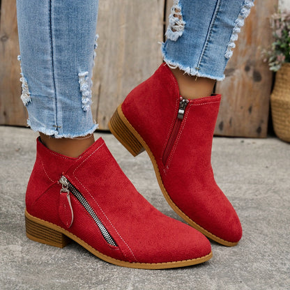 Women's Effortless Zip Ankle Boots with Low Block Heel for Daily Use Red