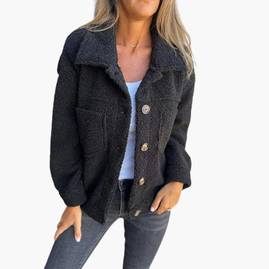 Women's Cropped Jacket with Button Closure and Long Sleeves Black