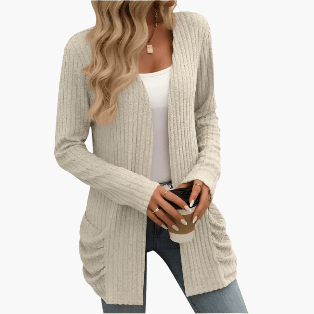 Women's Chunky Knit Cardigan with Long Sleeves and Cable Design Apricot
