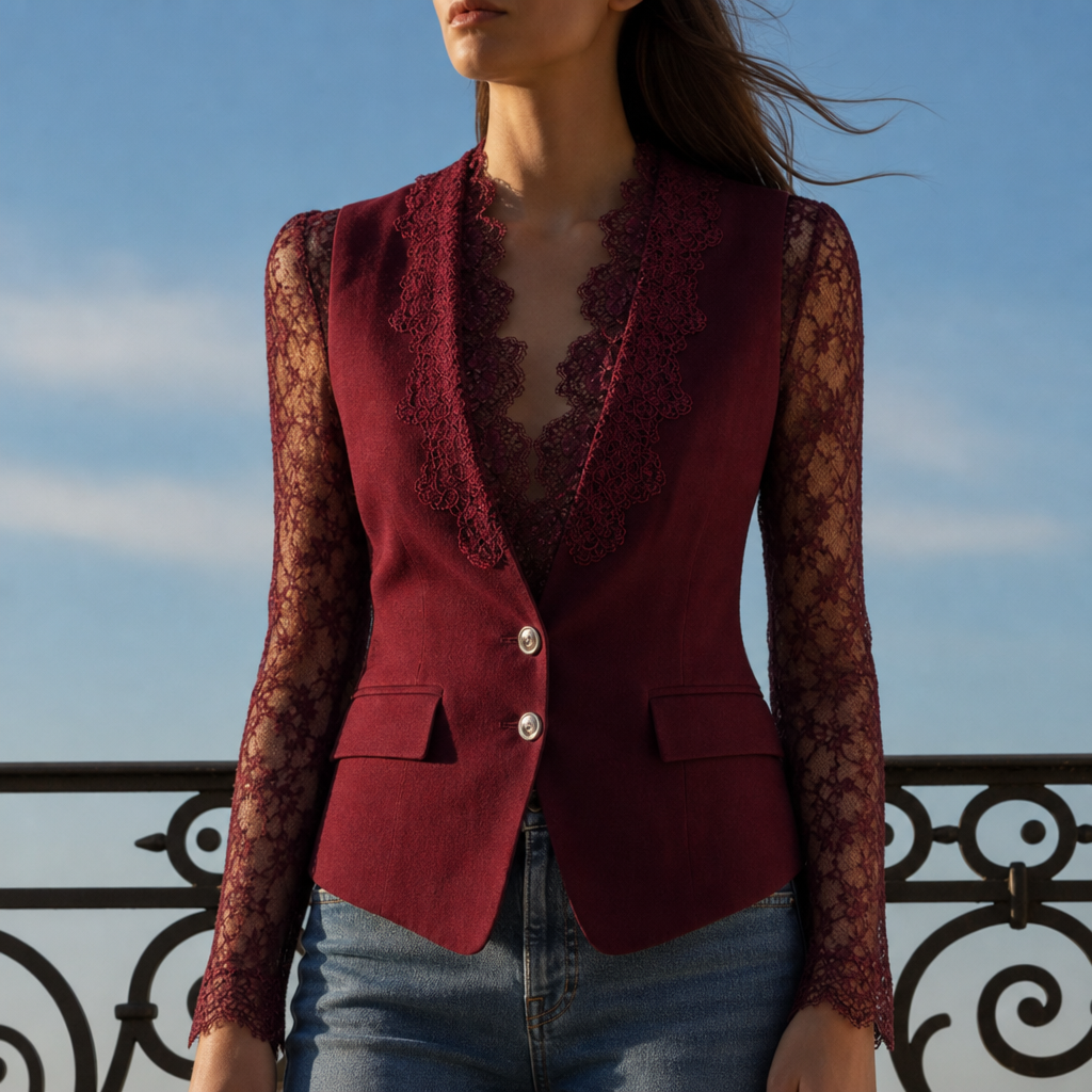 Women's Lace Panel Blazer Top for Fall and Winter Everyday Wear Burgundy