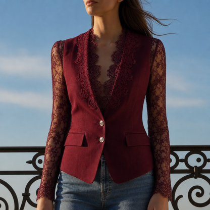 Women's Lace Panel Blazer Top for Fall and Winter Everyday Wear Burgundy