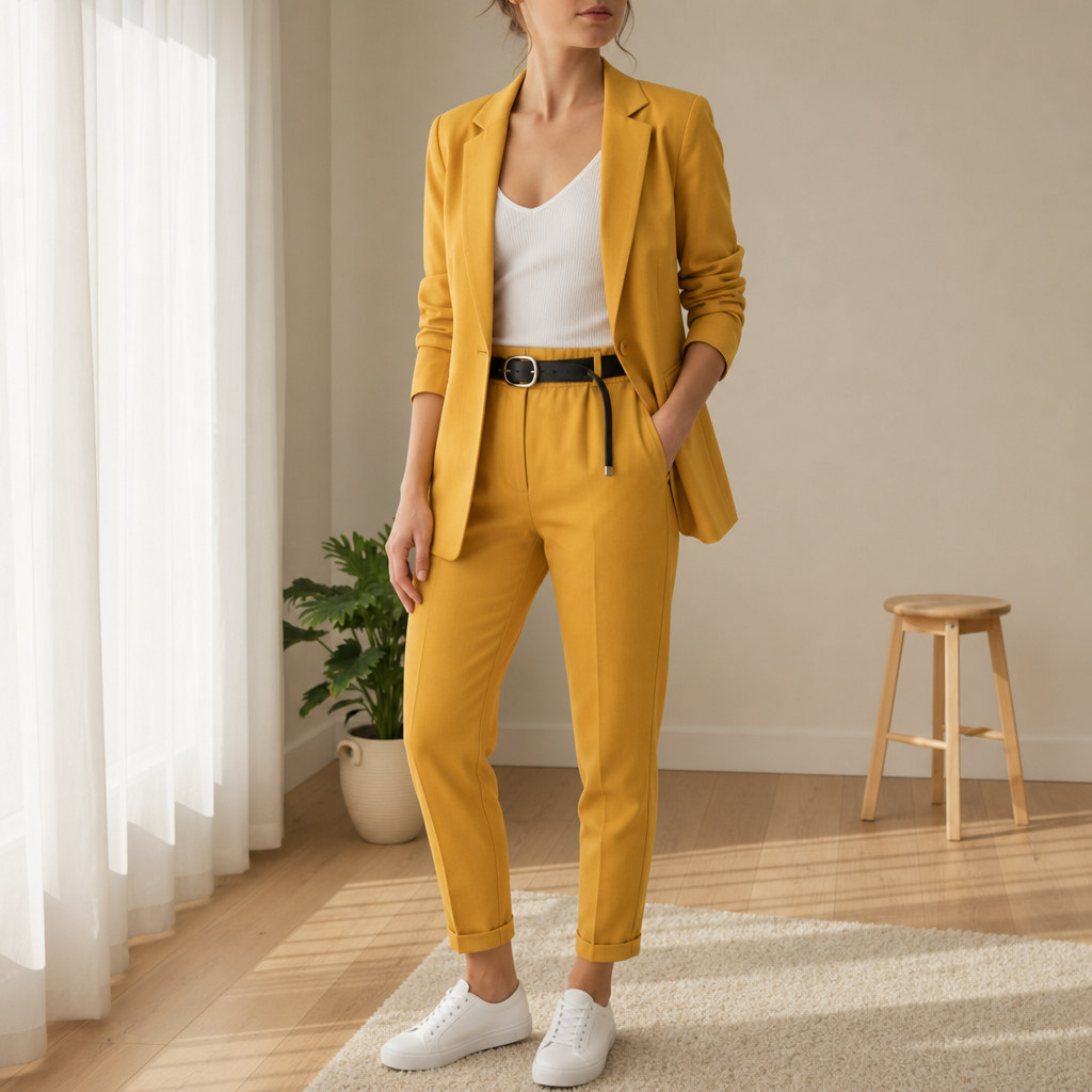 Women's Blazer and Jogger Co-ord Set for Fall and Winter Everyday Wear Yellow