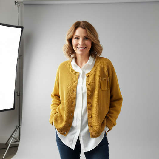 Women's Knit Cardigan with Pocket and Classic Button Closure Yellow