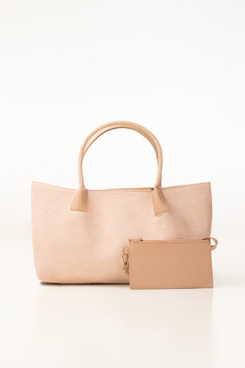 Pink Textured Faux Leather Tote Bag with Detachable Pouch