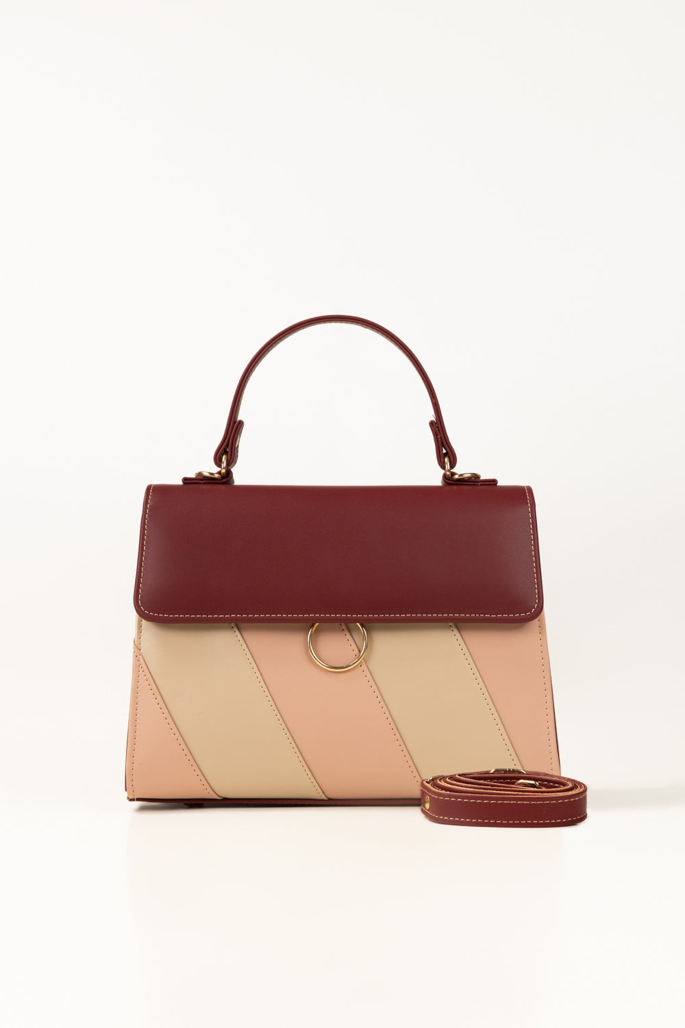Maroon & Beige Faux Leather Tote Bag with Adjustable Strap