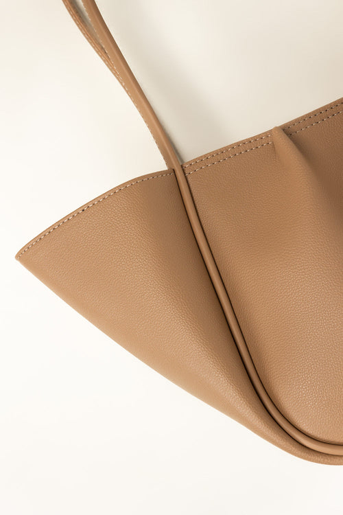 Beige Pleated Faux Leather Tote Bag
