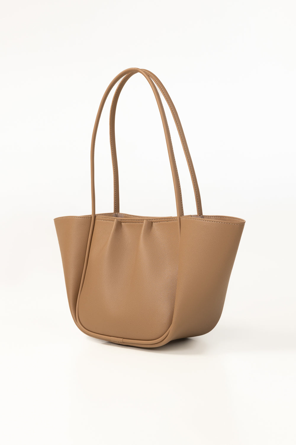 Beige Pleated Faux Leather Tote Bag