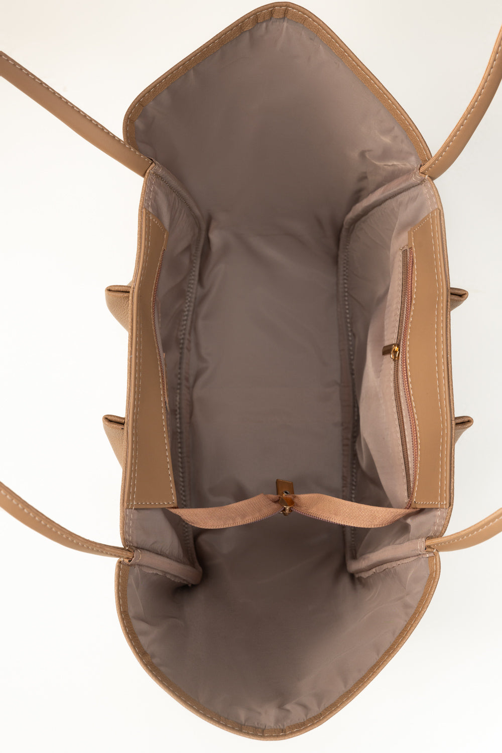 Beige Pleated Faux Leather Tote Bag