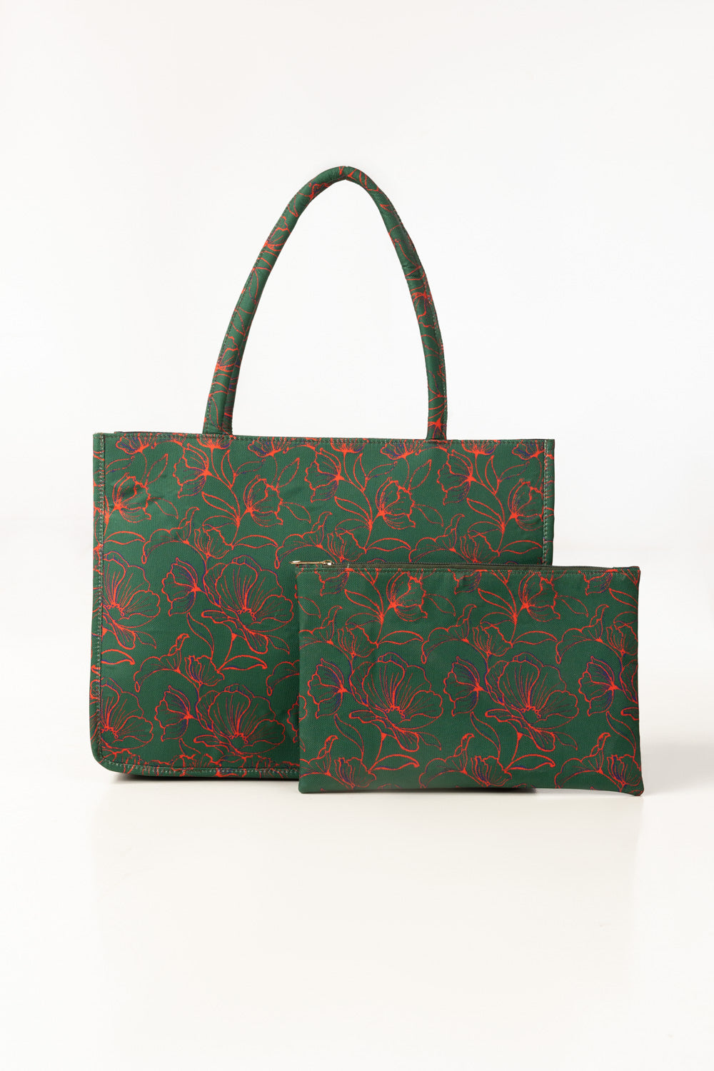 Green Floral Canvas Tote Bag with Matching Zip Pouch