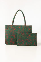 Green Floral Canvas Tote Bag with Matching Zip Pouch