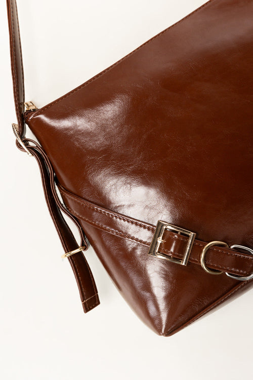 Brown Glossy Faux Leather Shoulder Bag with Gold-Tone Buckle
